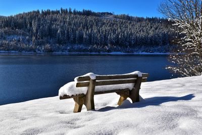 Frozen lake by trees against sky during winter