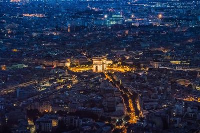 High angle view of illuminated cityscape at night