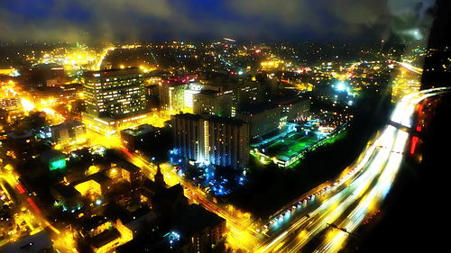 Aerial view of illuminated cityscape