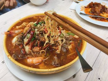 High angle view of soup in bowl on table