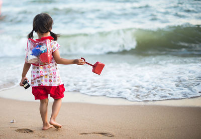 Rear view of boy standing on beach