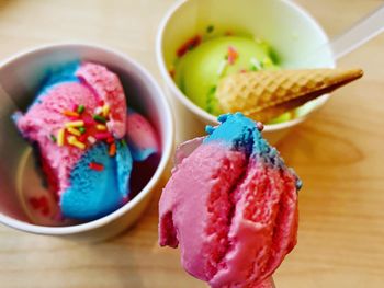 High angle view of ice cream in bowl on table