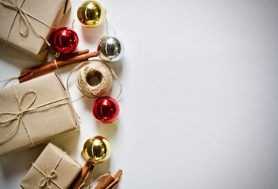 High angle view of christmas decorations on table