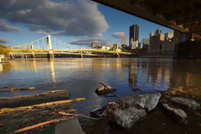 View of suspension bridge in city