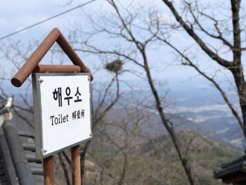 Close-up of sign on tree against sky