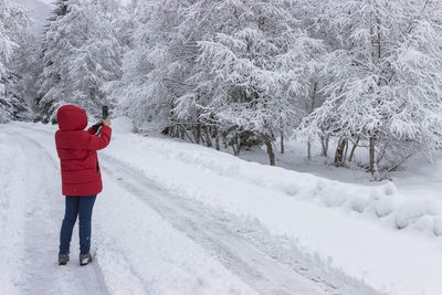 Man photographing bare trees during winter