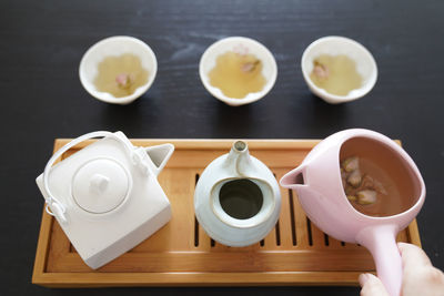 High angle view of breakfast on table