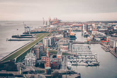 High angle view of commercial dock against sky