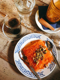 High angle view of meal served on table