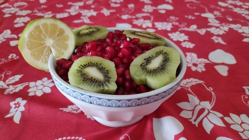 High angle view of fruits in bowl on table