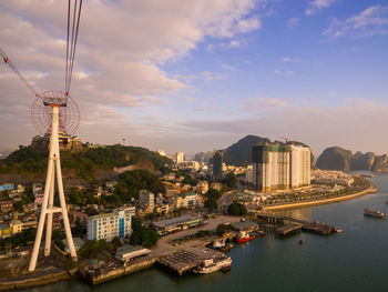 High angle view of buildings against cloudy sky