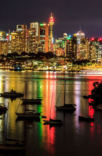 Illuminated boats sailing in river at night