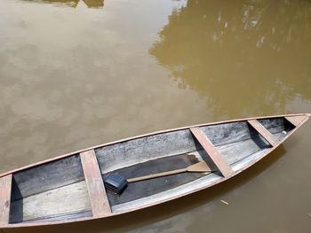 High angle view of boat moored in lake