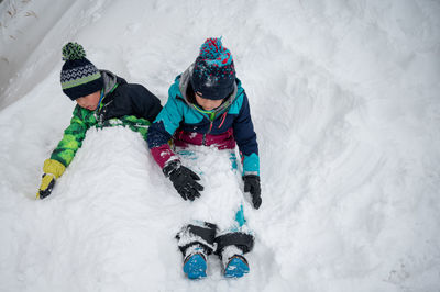 High angle view of man skiing on snow