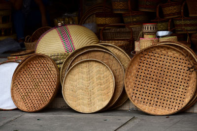 High angle view of wicker baskets