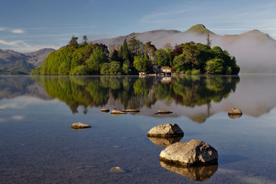 Scenic view of lake and mountains against sky