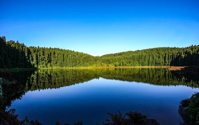 Scenic view of lake against clear blue sky