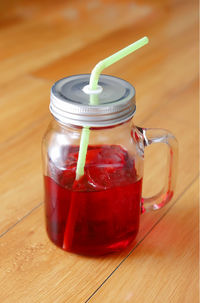 Close-up of drink in jar on table