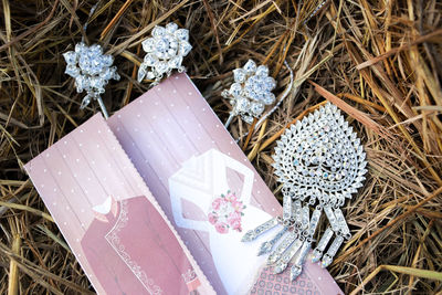 Decoration of bridal hairpins and bridal invitations on dry straw with natural light