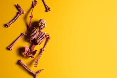 Close-up of young woman against yellow background