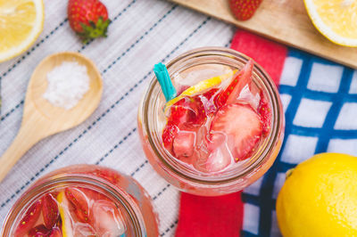 High angle view of drinks on table