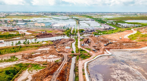 High angle view of road amidst landscape against sky