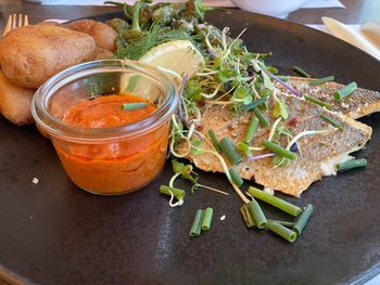 High angle view of meal served on table