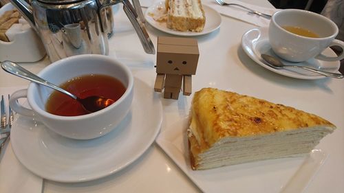 Close-up of cake served on table