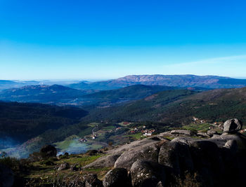 Aerial view of landscape and mountains against clear blue sky