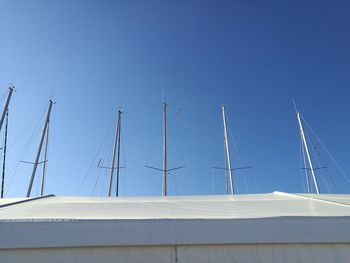 Low angle view of sailboats on building against clear blue sky