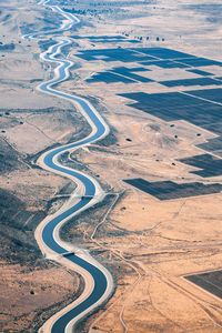 Aerial view of winding road amidst field