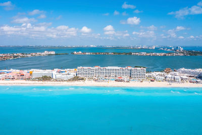 Aerial view of the luxury hotels in cancun