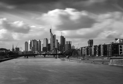 City skyline against cloudy sky