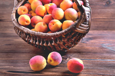 High angle view of apples in basket on table