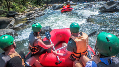 High angle view of people rafting river