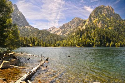 Scenic view of lake by mountains against sky