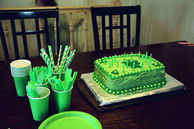 High angle view of st patrick day cake on table