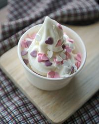 High angle view of ice cream in bowl on table