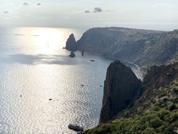 Scenic view of sea and mountains against sky