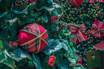 High angle view of christmas decorations on tree