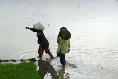 Rear view of people walking on beach