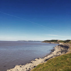 Scenic view of sea against clear blue sky