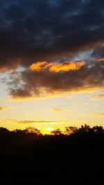 Silhouette trees against dramatic sky during sunset