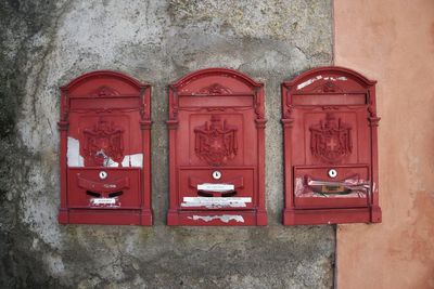 Close-up of red mailbox on wall