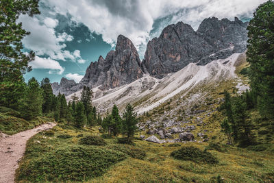 Panoramic view of the odle mountain peaks, italy. adolf munkel way.