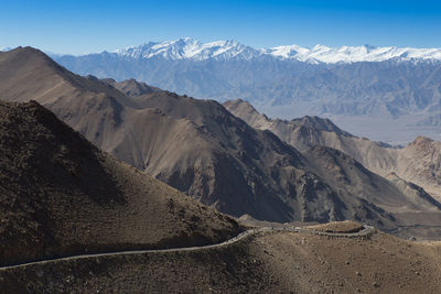 Scenic view of snowcapped mountains against clear sky