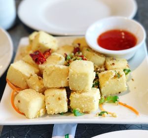 Close-up of served food in plate