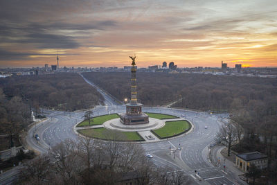 High angle view of victory column in berlin  during sunrise