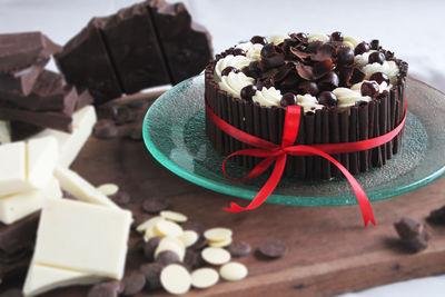 High angle view of chocolate cake on table