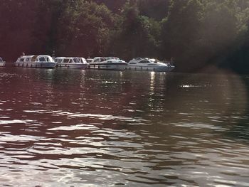 Boats moored on river by trees against sky